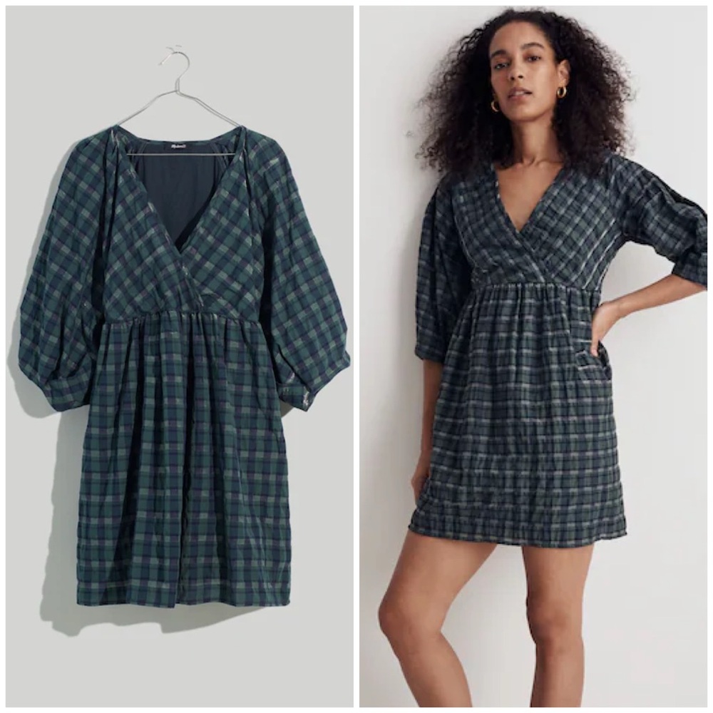 Madewell Marianna Green Plaid Puff-Sleeve Mini Dress Size S NWT